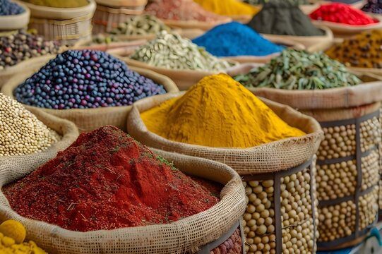 Colorful Market Spices: Highlight the vibrant colors and textures of spices in a market stall, creating a visually appealing and culturally rich image.

