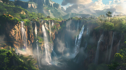 A majestic waterfall cascading down rugged cliffs
