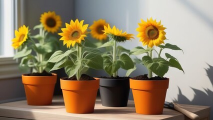 Blooming sunflowers in pots on wooden table - 765610570