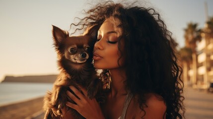 A woman is holding a small dog and kissing it - obrazy, fototapety, plakaty