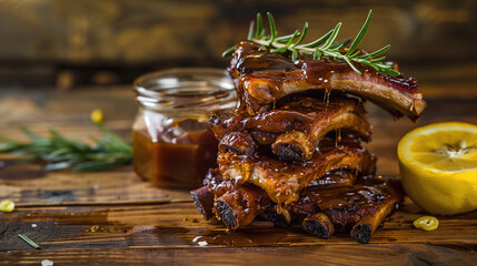 Tempting stack of smoky barbecue ribs drizzled with honey glaze, garnished with rosemary and served next to a lemon on a wooden table.
 - obrazy, fototapety, plakaty