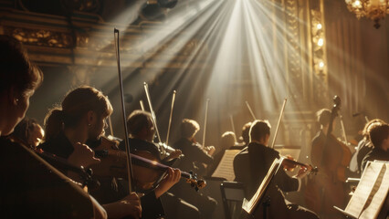 Musicians enveloped in dramatic stage light during an orchestral performance. - obrazy, fototapety, plakaty