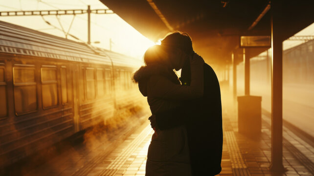 A couple's silhouette kissing at a misty train station, evoking romantic farewells.