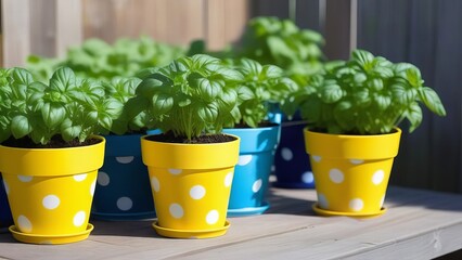 Basil seedlings in polka dot pots outdoors on wooden background - 765611127