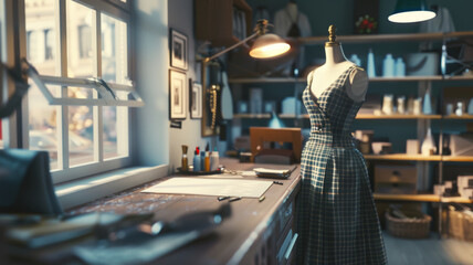 Tailor shop's tranquil workspace with dress form and sewing tools. - obrazy, fototapety, plakaty