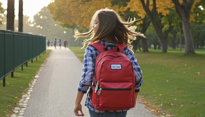 Girl running with her backpack to school