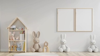Fototapeta na wymiar Natural, bright kid's bedroom interior with wooden furniture, poster frame mockup 