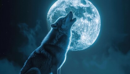 Majestic wolf howling at moonlit night