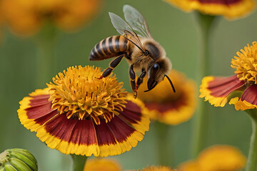 Bee  pollinating vibrant helenium flowers in close-up. Nature's beauty captured in stunning detail. 