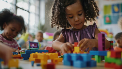 Child focused on constructing with colorful building blocks in classroom.