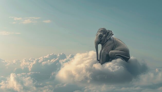 Surreal image of a calm elephant sitting atop fluffy clouds against a soft sky