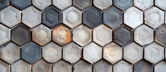 Detailed view of a wall covered in hexagonal tiles, showcasing the geometric pattern and texture of the tiles.