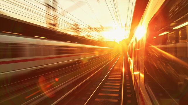 Dramatic sunset with motion blur effect over speeding trains on parallel tracks.