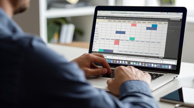 Maximizing Productivity: Realistic Image of Individual Utilizing Laptop with Editorial Calendar
