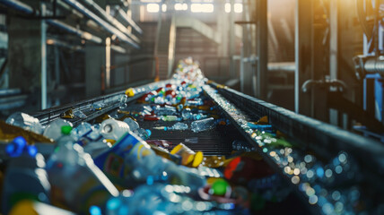 Conveyor belt in a recycling facility efficiently channels a stream of mixed recyclables.