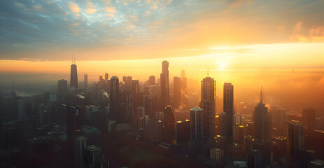 A panoramic view of a city skyline at sunrise