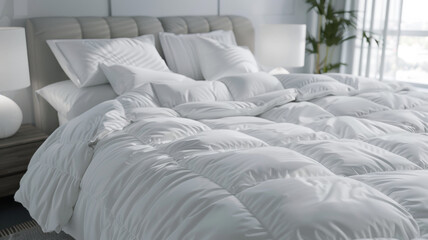 Pristine white bedding on a modern bed in a clean, airy bedroom.