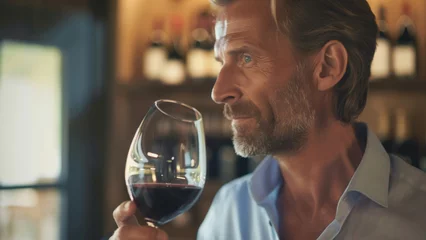 Fotobehang A sophisticated man savoring a glass of red wine in a cozy ambiance. © VK Studio