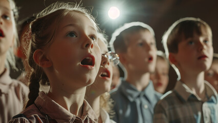Children in a choir singing with expression under a spotlight, showcasing youthful talent.