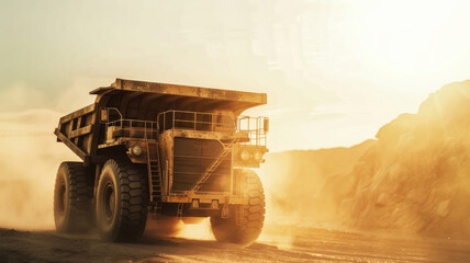 Dusty sunset backdrop as a mining truck toils away.