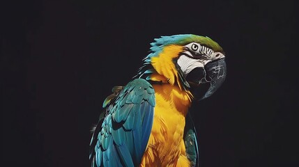 Side view of colorful macaw parrot on black background - obrazy, fototapety, plakaty
