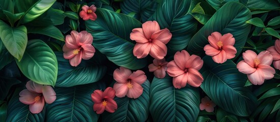 A group of pink flowers in full bloom is set against a backdrop of lush green leaves.