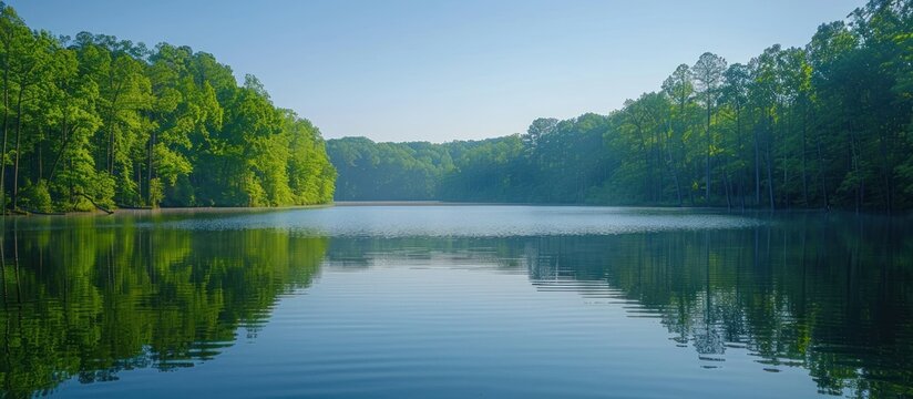 A large body of water reflecting the greenery of surrounding trees, creating a picturesque scene in nature.
