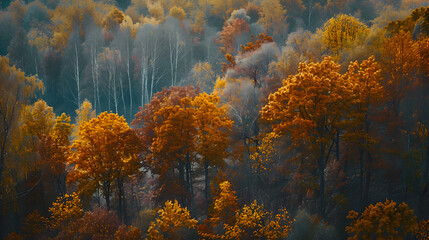 A panoramic view of a colorful autumn forest