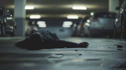 Photographic narrative with a lone man lying on a dimly lit parking floor, invoking mystery.