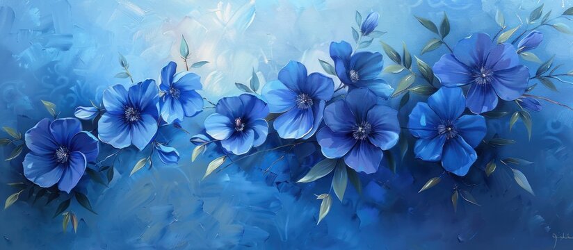 A painting of vibrant blue flowers blooming on a matching blue background, creating a striking visual contrast.