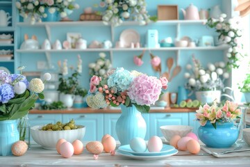 in this kitchen You will find Easter decorations. With a table decorated with healthy Easter food.