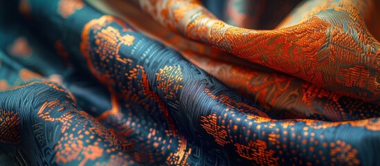 Detailed close up of a blue and orange scarf, showcasing the intricate patterns and textures of the...