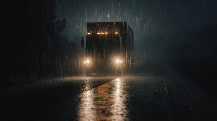 Truck braving a heavy downpour on a slick, reflective highway at night. - obrazy, fototapety, plakaty