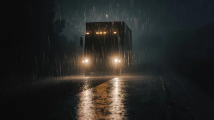 Raamstickers Truck braving a heavy downpour on a slick, reflective highway at night. © VK Studio