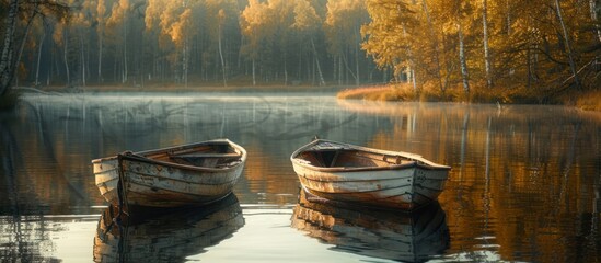 Two weathered rowing boats are anchored near the calm lake shore, peacefully bobbing in the water. - obrazy, fototapety, plakaty