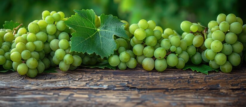 A bunch of fresh green grapes neatly arranged on top of a wooden table.