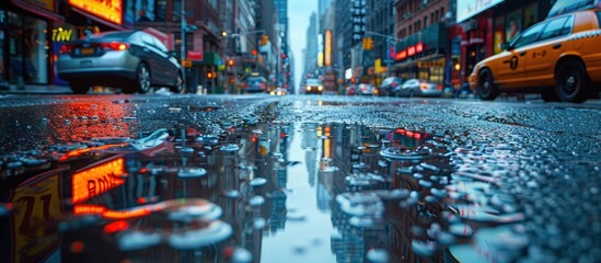 A wet city street glistens with rainwater, reflecting the headlights of a yellow taxi cab passing by.