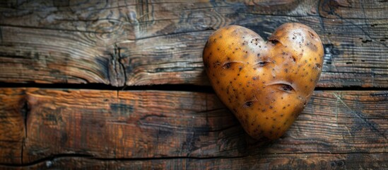 Heart-shaped potato sitting atop a wooden table, showcasing its unique form and texture.
