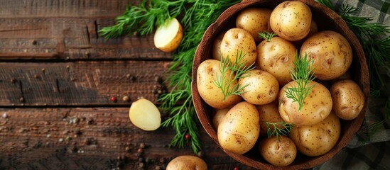 A wooden bowl filled with fresh organic potatoes garnished with dill herbs, placed on a wooden table.