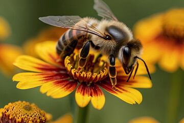 Bee  pollinating vibrant helenium flowers in close-up. Nature's beauty captured in stunning detail. 