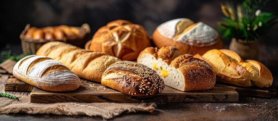 Various types of bread neatly arranged on a rustic wooden cutting board. - obrazy, fototapety, plakaty