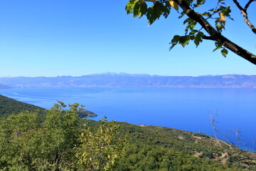 Fototapeta na wymiar View over Ohrid Lake from Elshani to Lagadin and Pestani in North Macedonia