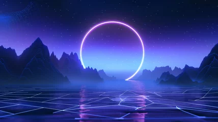 Türaufkleber Ethereal neon circle looms over digital landscape against a cosmic starlit sky. © VK Studio