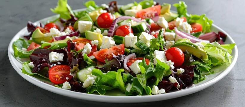 A vibrant salad featuring fresh lettuce, juicy tomatoes, crisp cucumber slices, and crumbled feta cheese.