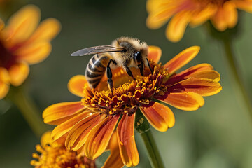 Bee  pollinating vibrant helenium flowers in close-up. Nature's beauty captured in stunning detail. 