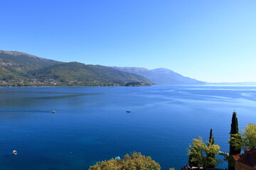View over Ohrid lake in North Macedonia on a sunny summer day
