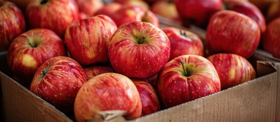 A cardboard box is overflowing with ripe, red apples. The apples are piled high, creating a vibrant and abundant display of fresh produce. - obrazy, fototapety, plakaty