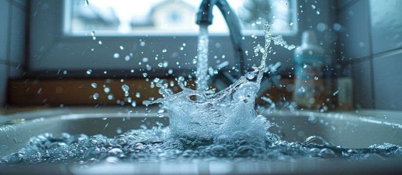 A water faucet is turned on and leaking water into the sink below.