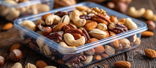 A plastic container filled with assorted nuts placed on top of a wooden table.
