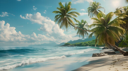 A picturesque beach scene with palm trees swaying